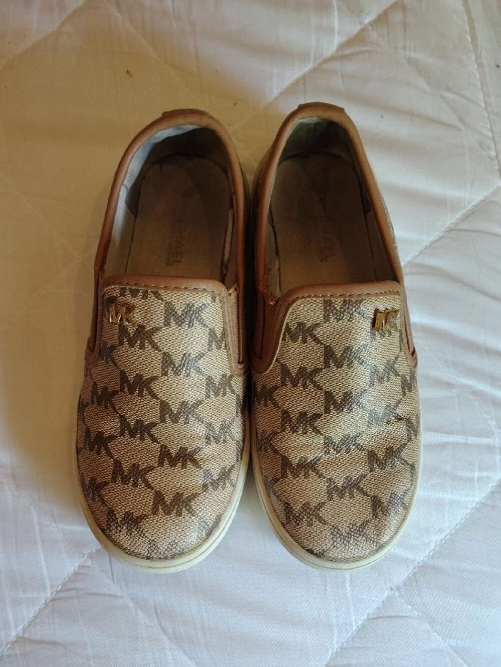Michael Kors Beige and Brown MK Logo Slip-On Sneakers